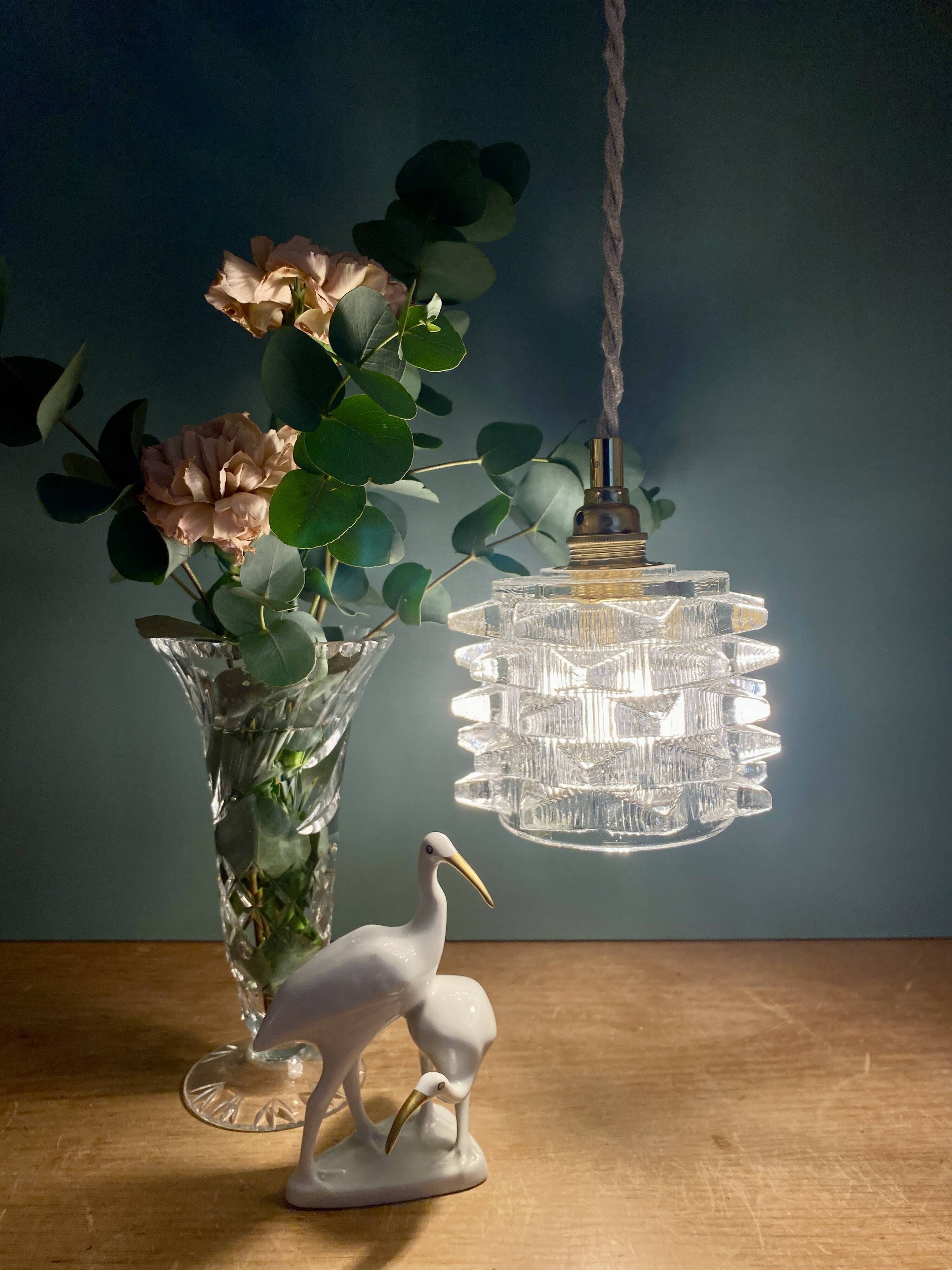 Vintage tulip pendant light in holophane glass