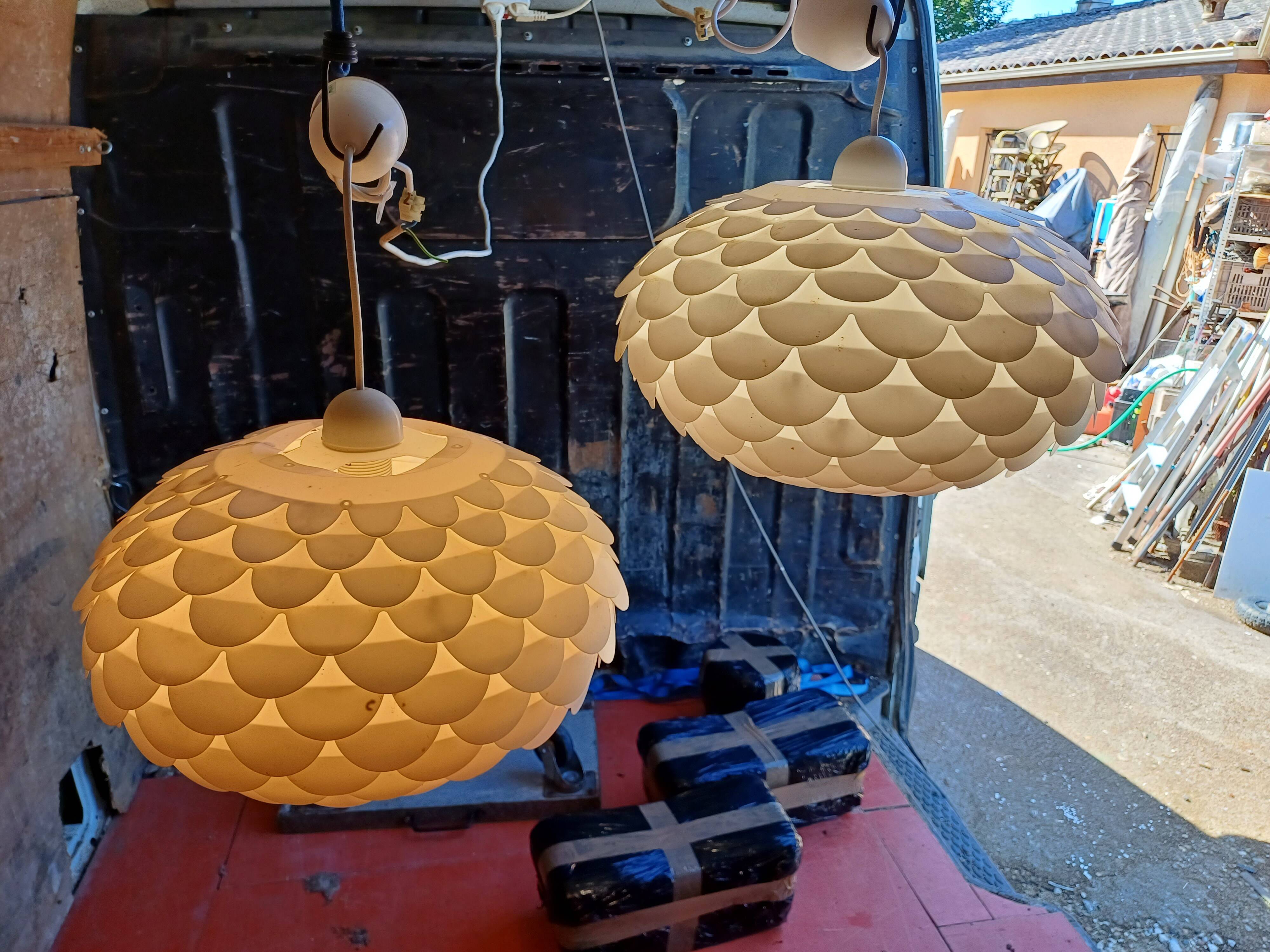 Pair of vintage white plastic pendant lights
