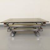 Vintage Space Age rectangular coffee table by Paul Mayen in smoked glass and chrome metal from the 70s