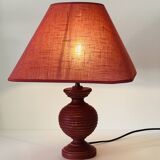 Pretty Turned Wood Lamp, Raspberry Red Color, Linen Lampshade