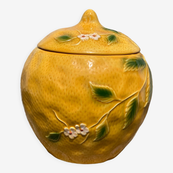 Pot couvert en barbotine citron jaune à décor de fleurs ancienne / bocal vintage / boîte