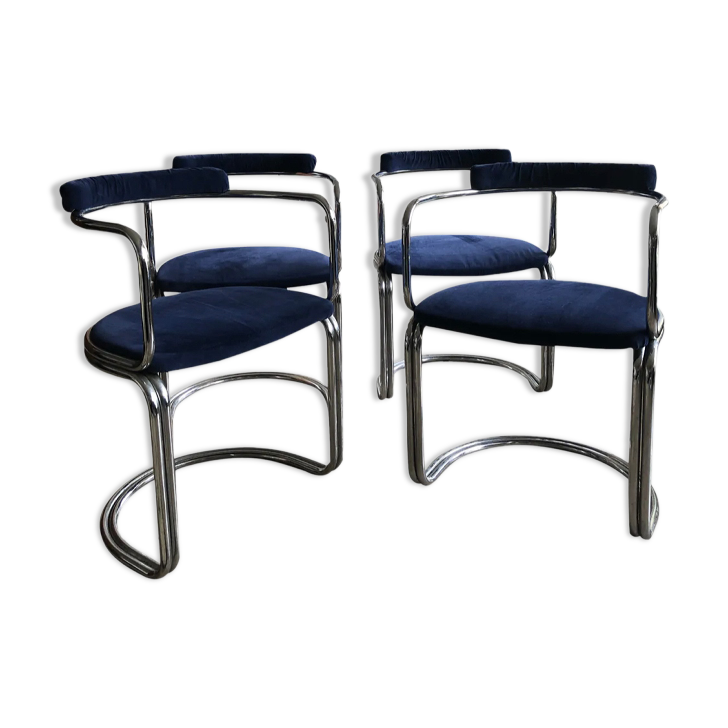 Set of four vintage chrome and velvet chairs