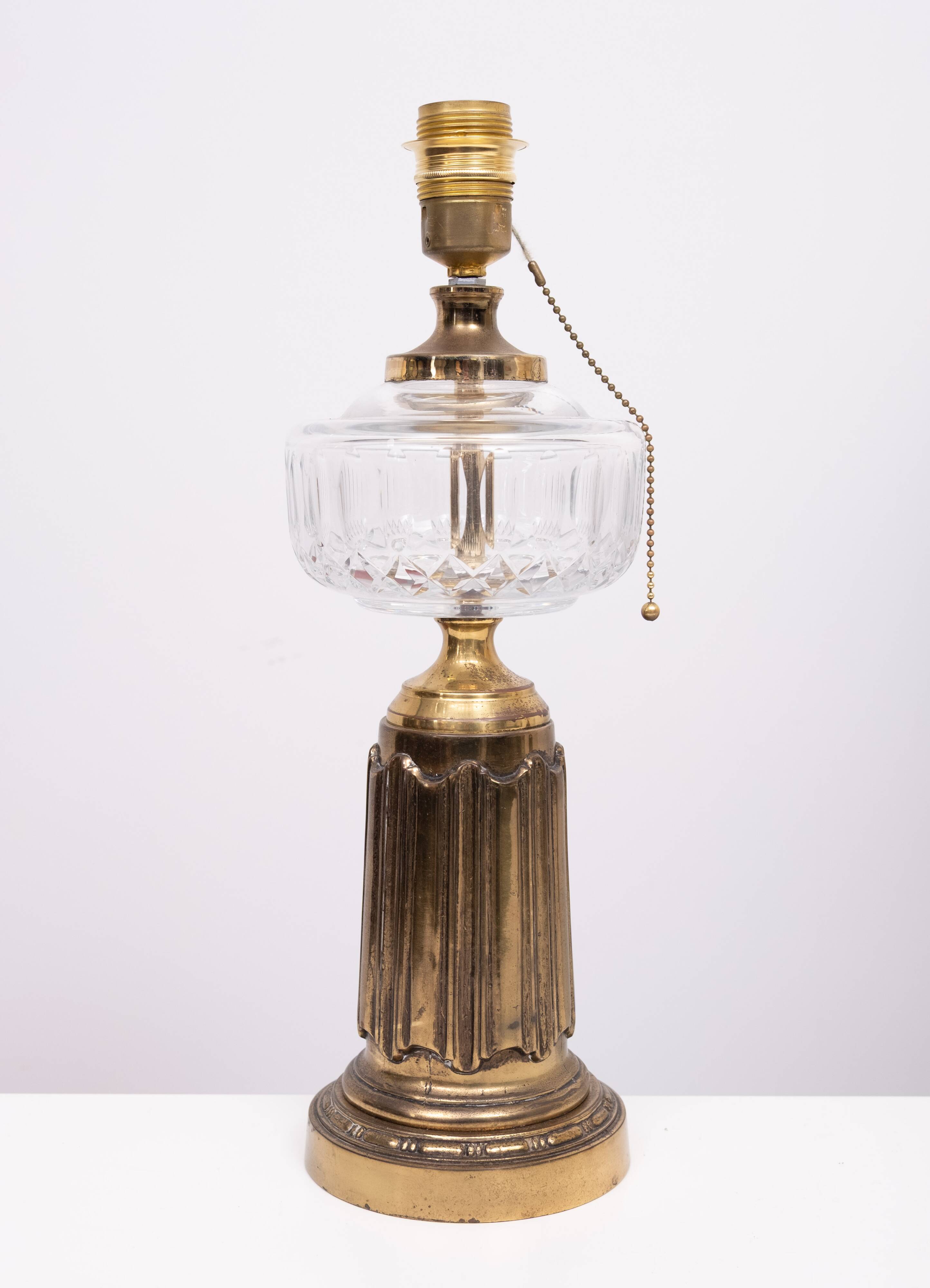 Heyco set Brass and Crystal Glass Table lamps with Shades 1960s USA