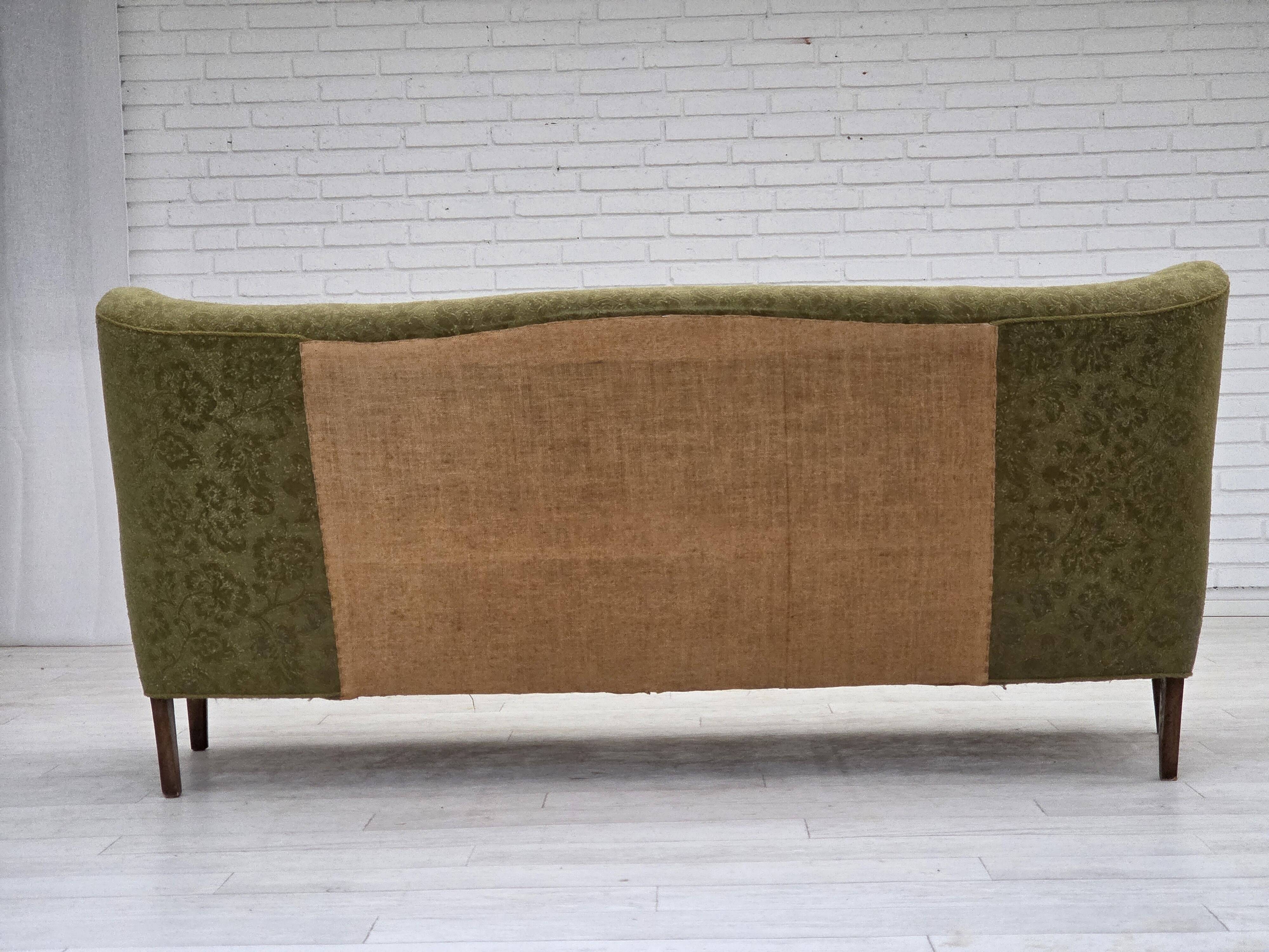 1960s, Danish 3-seater sofa, green furniture velour, ash wood legs.