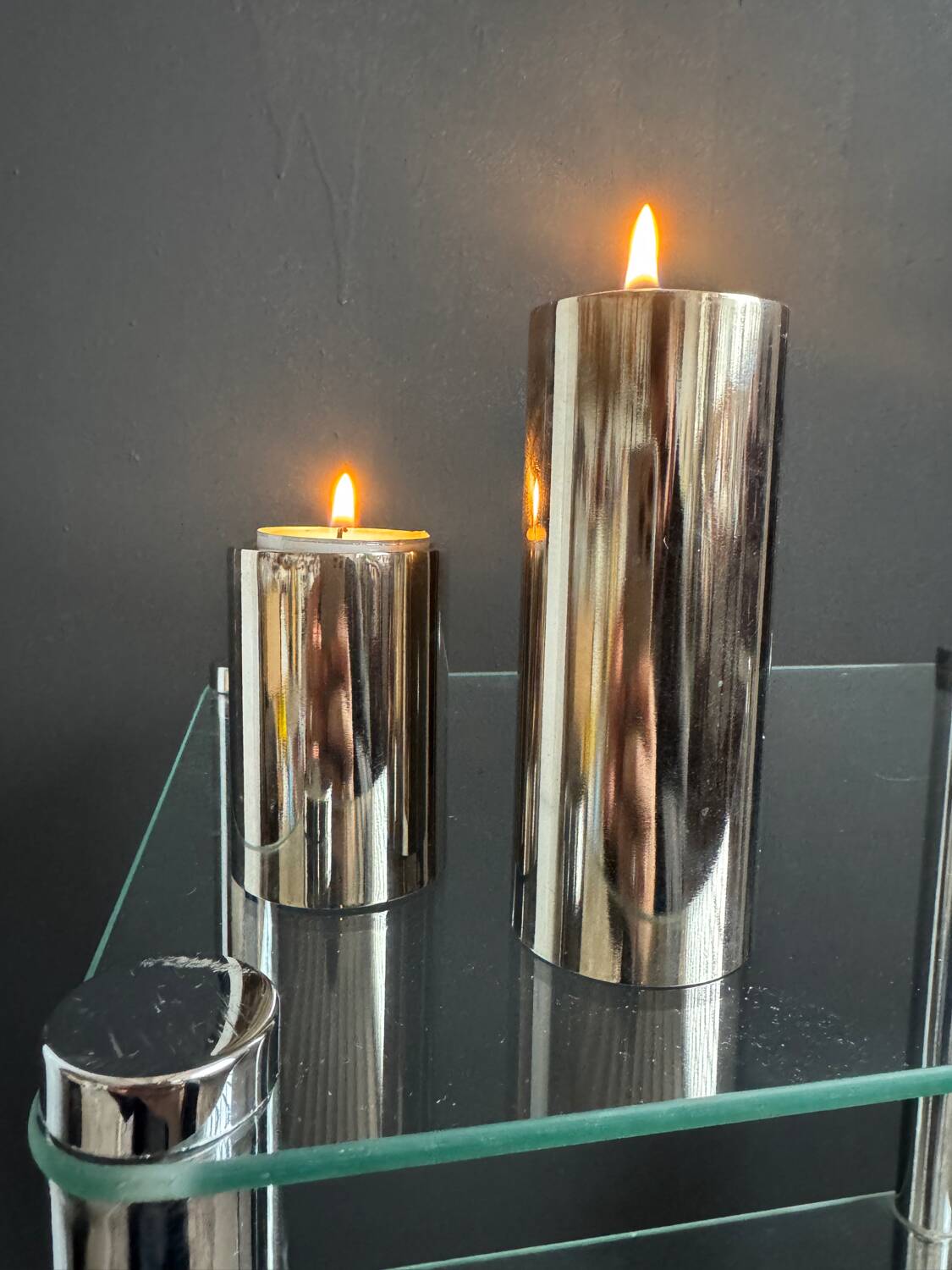 Chrome cylinder candlesticks from the 1980s