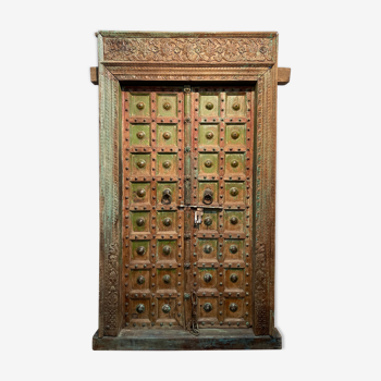 India, Rajasthan, ancient large teak wood palace gate, ancient patina of origin