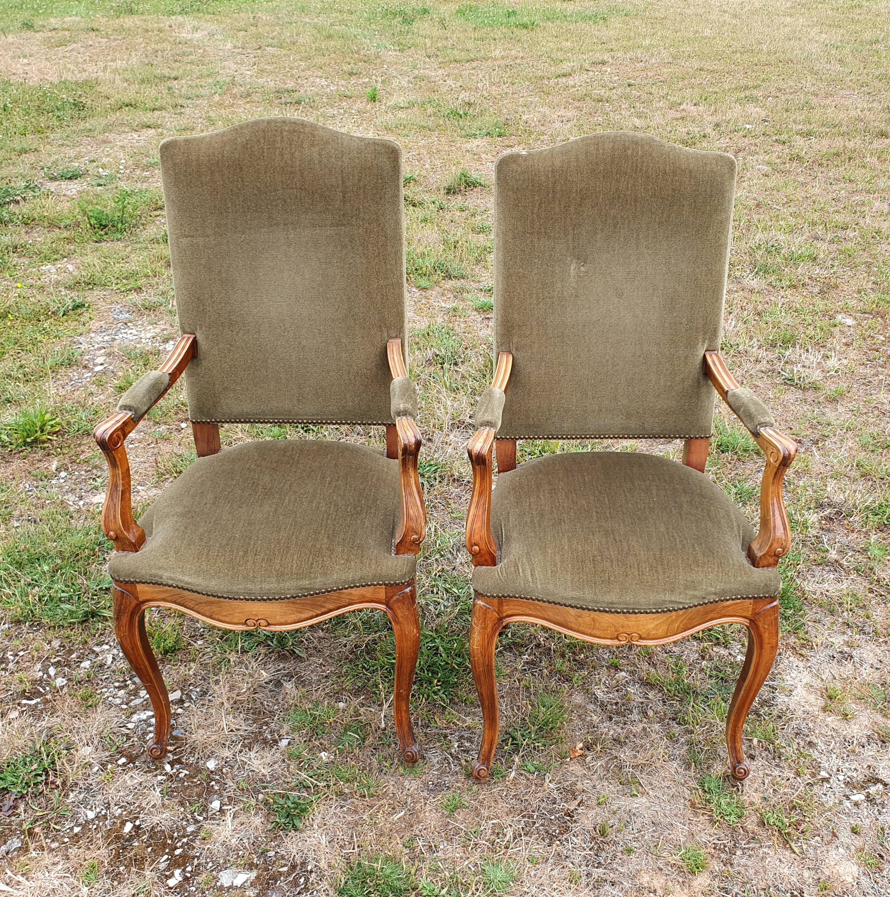 Pair of Louis X V style armchairs in green velvet