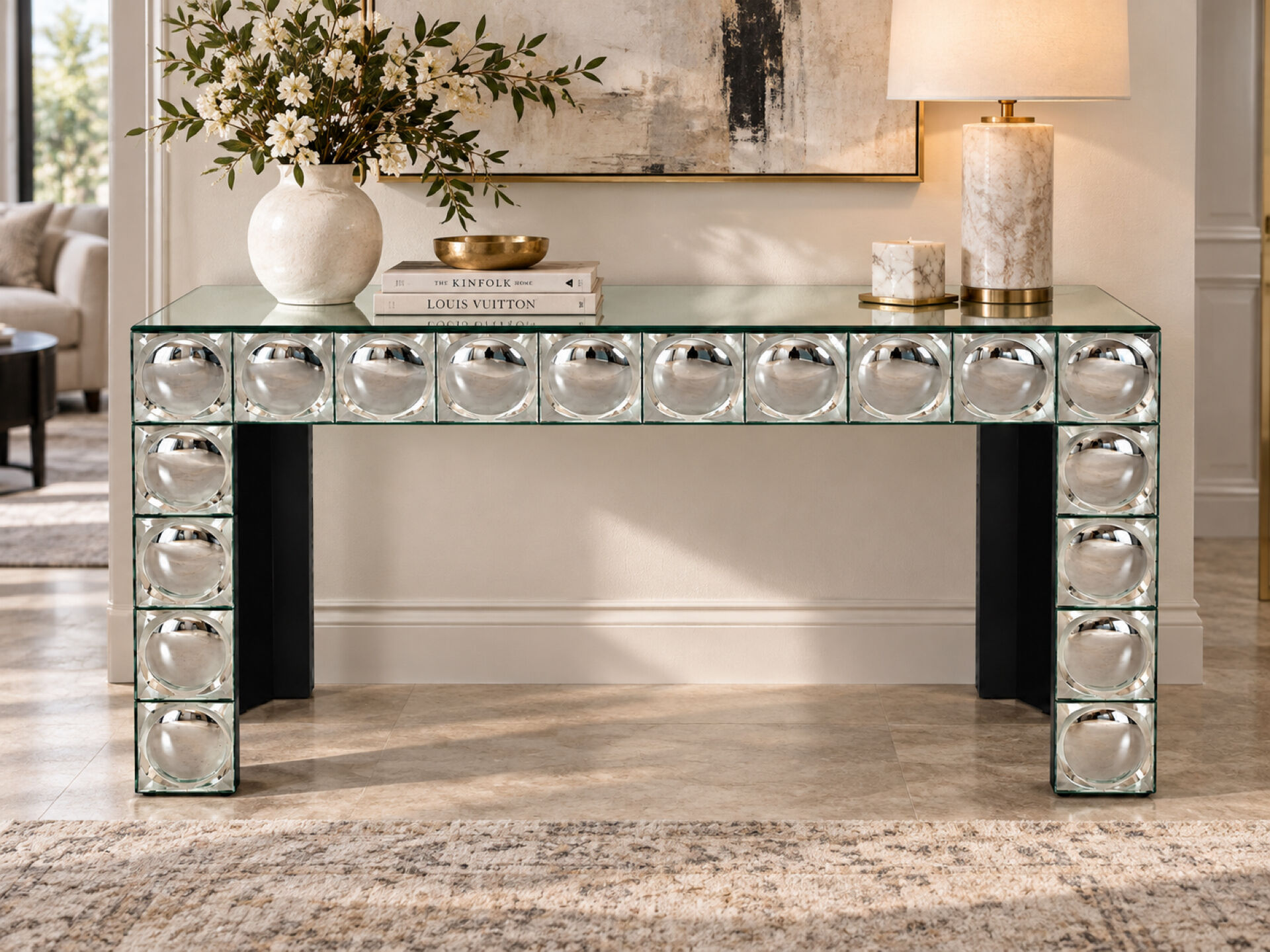 Console table en verre carreaux de miroir bombe argenté table d’entrée