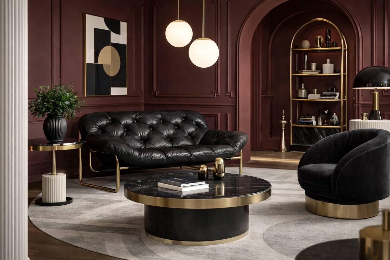 Vintage Mid-Century Scandinavian Modern Glamour Leather Black & Gold Sofa