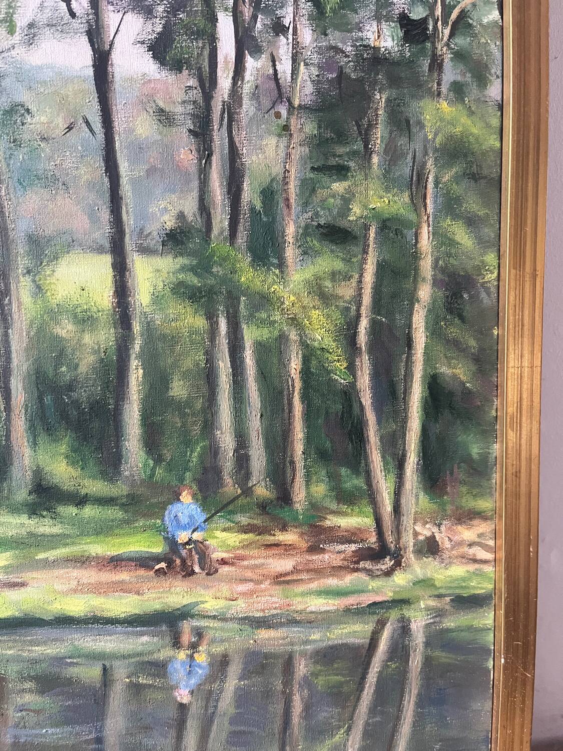 Fishermen at Brochard Pond, signed M. Louis, 1981