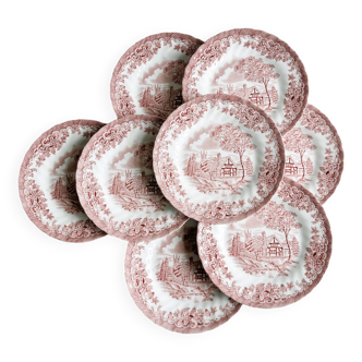 8 English red - pink Churchill earthenware plates, campaign decor.