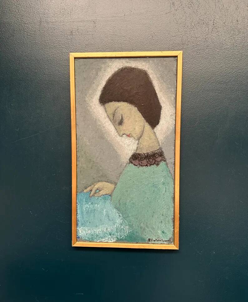 Original Swedish oil on canvas – "Lady" by Helge Holmlund – Signed – vintage and framed – 65 × 36.5 cm (25.6" × 14.4")
