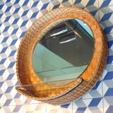 Vintage rattan wall mirror with glass shelf