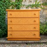 Chest of drawers and bedside table in rattan cane and oak, vintage 1970s