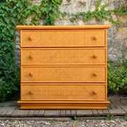 Dresser and its bedside table in rattan caning and vintage oak from the 1970s.