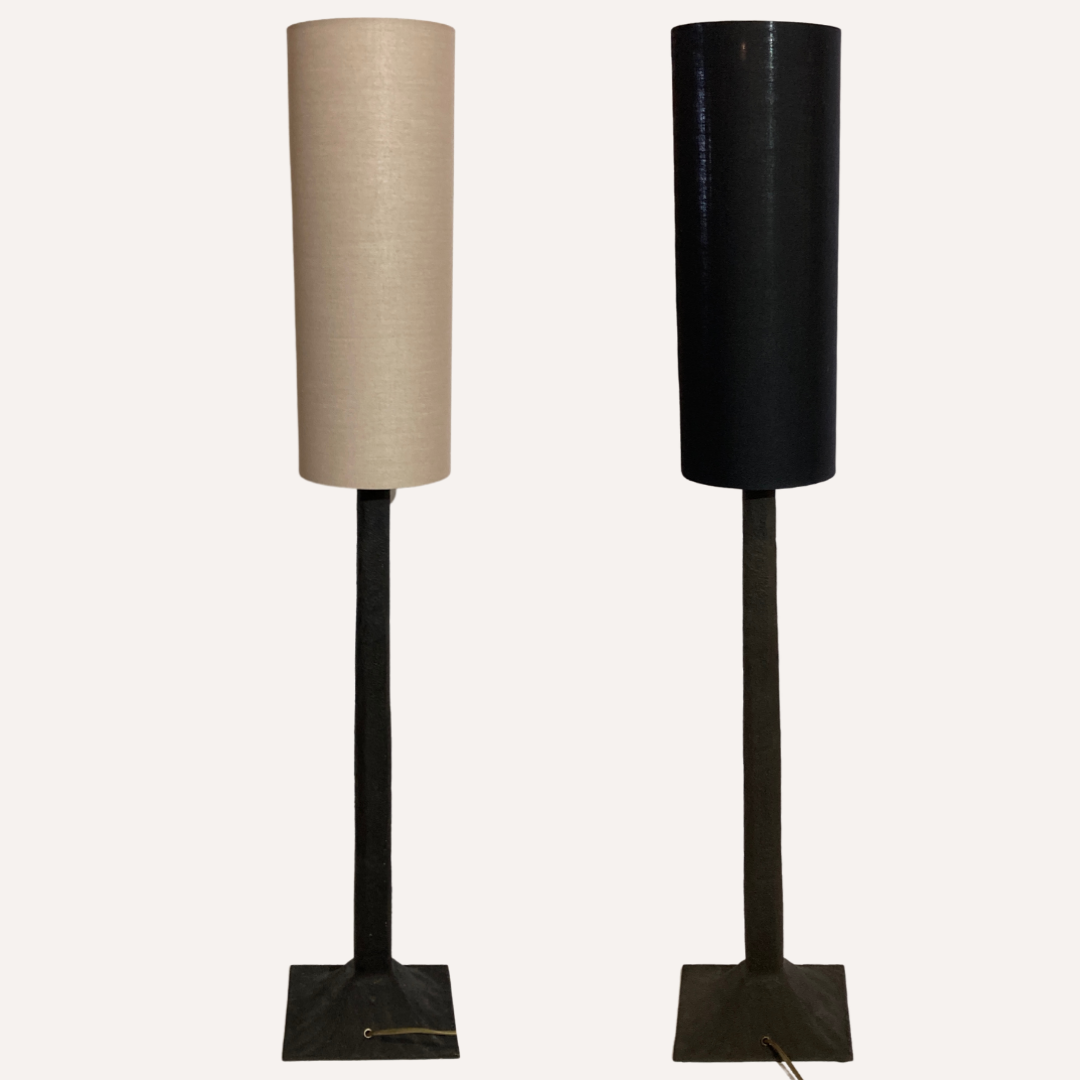 Pair vintage brutalist iron hammered floor or large table lamps, Germany.