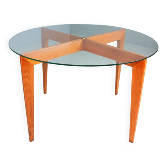 Table basse Gio Ponti pour Isa Bergamo en chêne avec plateau rond en cristal, 1957