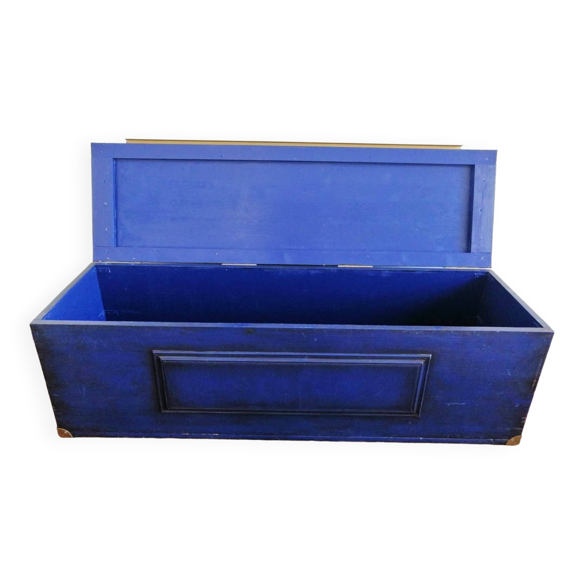 Coffre malle - banc en bois massif bleu Majorelle & laiton doré
