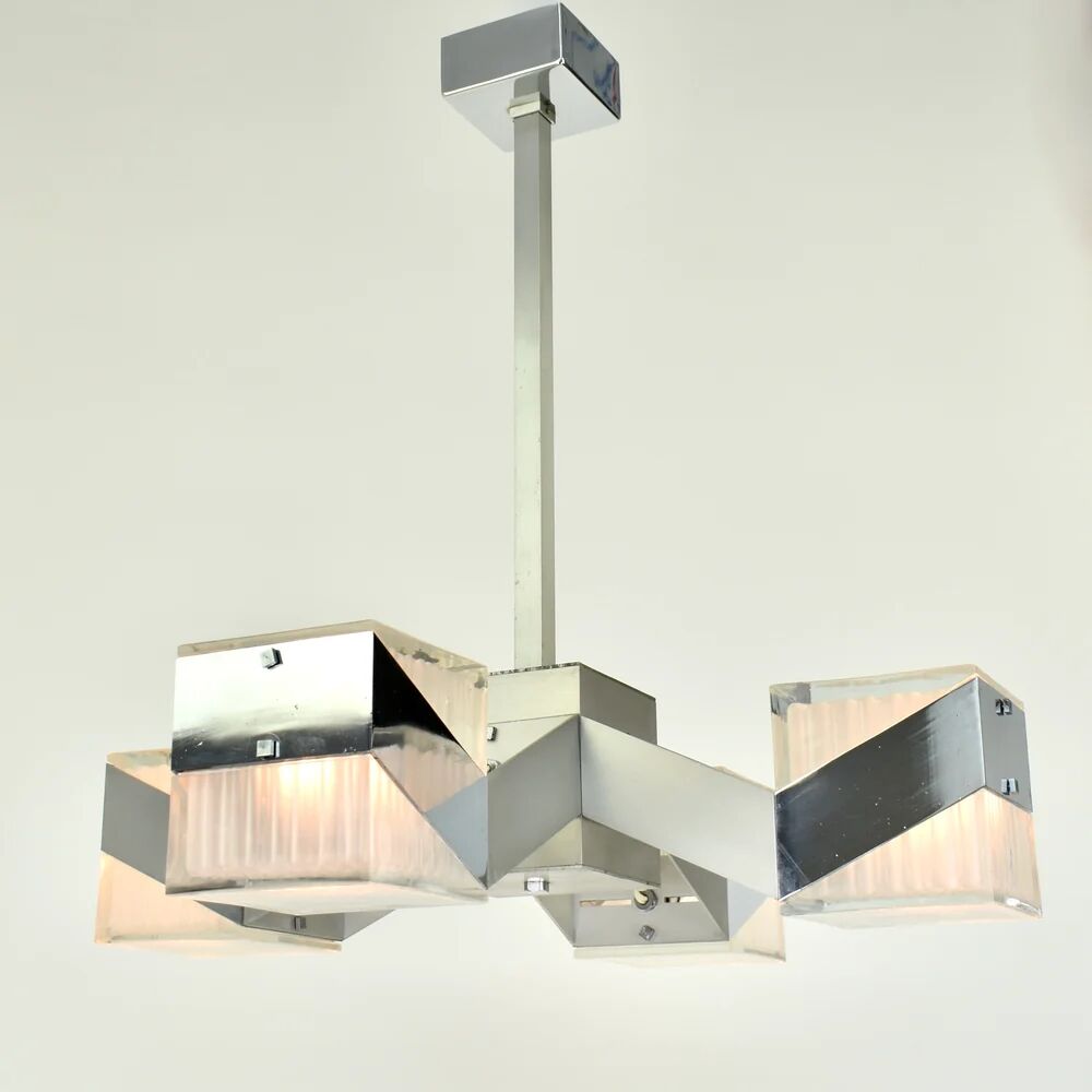 1970s Cubist Chandelier Chrome Glass Mid Century Modern