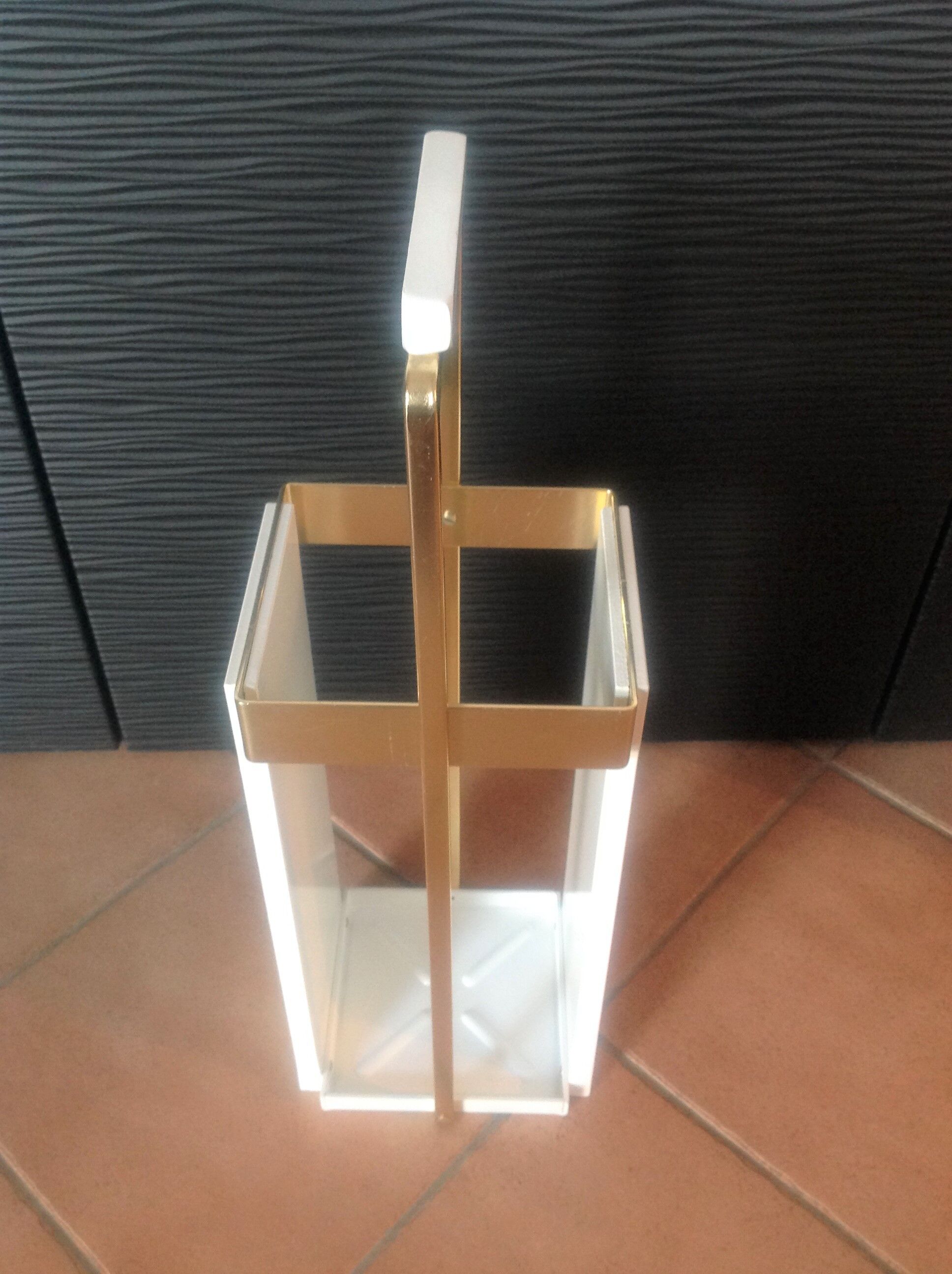White lacquered wood and brass umbrella stand / vintage 60s-70s