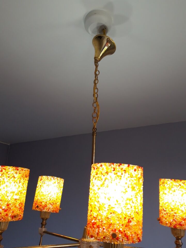 Pendant lamp with 5 tubes of lights in perspex granite orange vintage 60