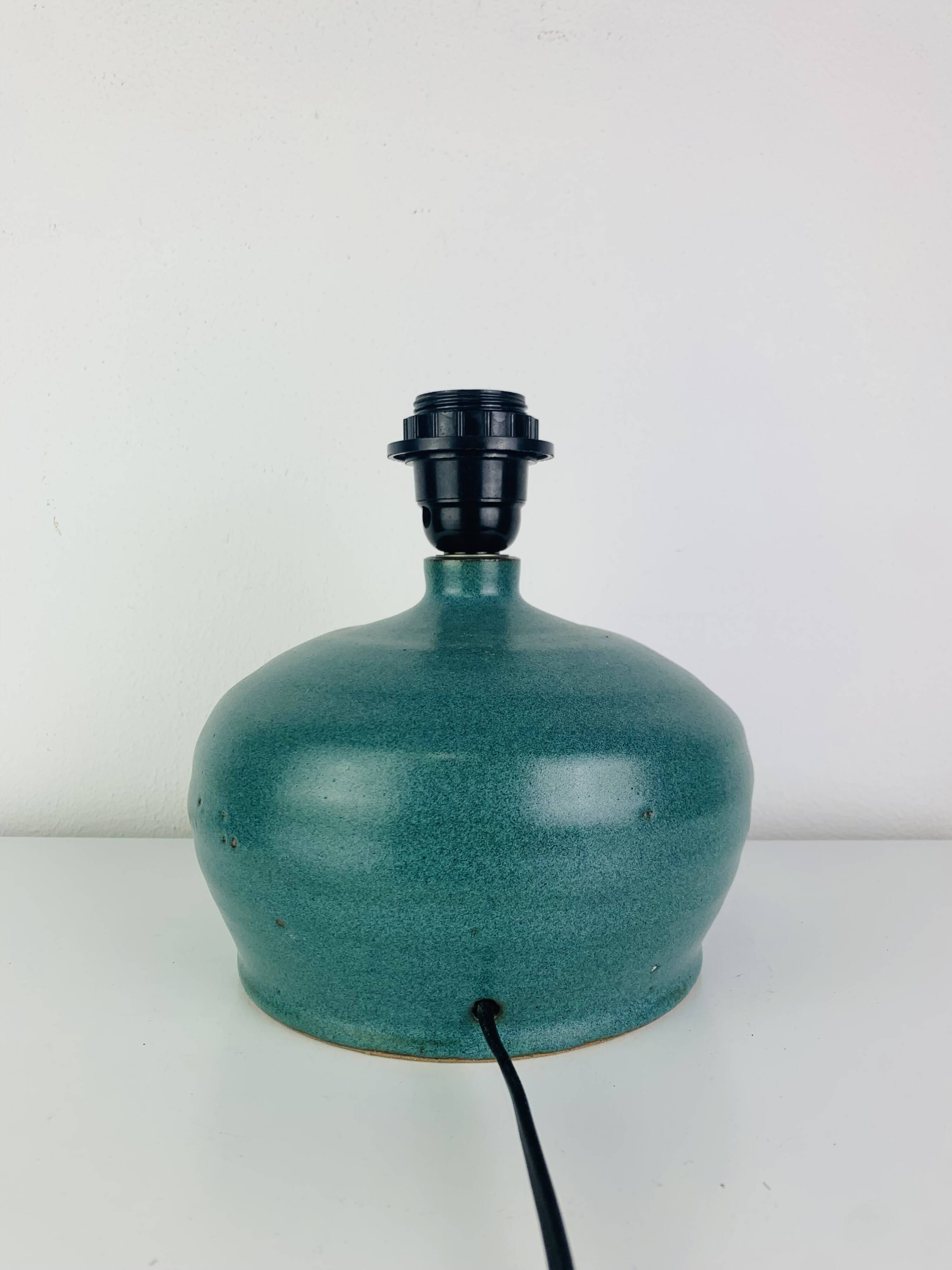 Ceramic green/blue globe lamp, rattan shade, vintage