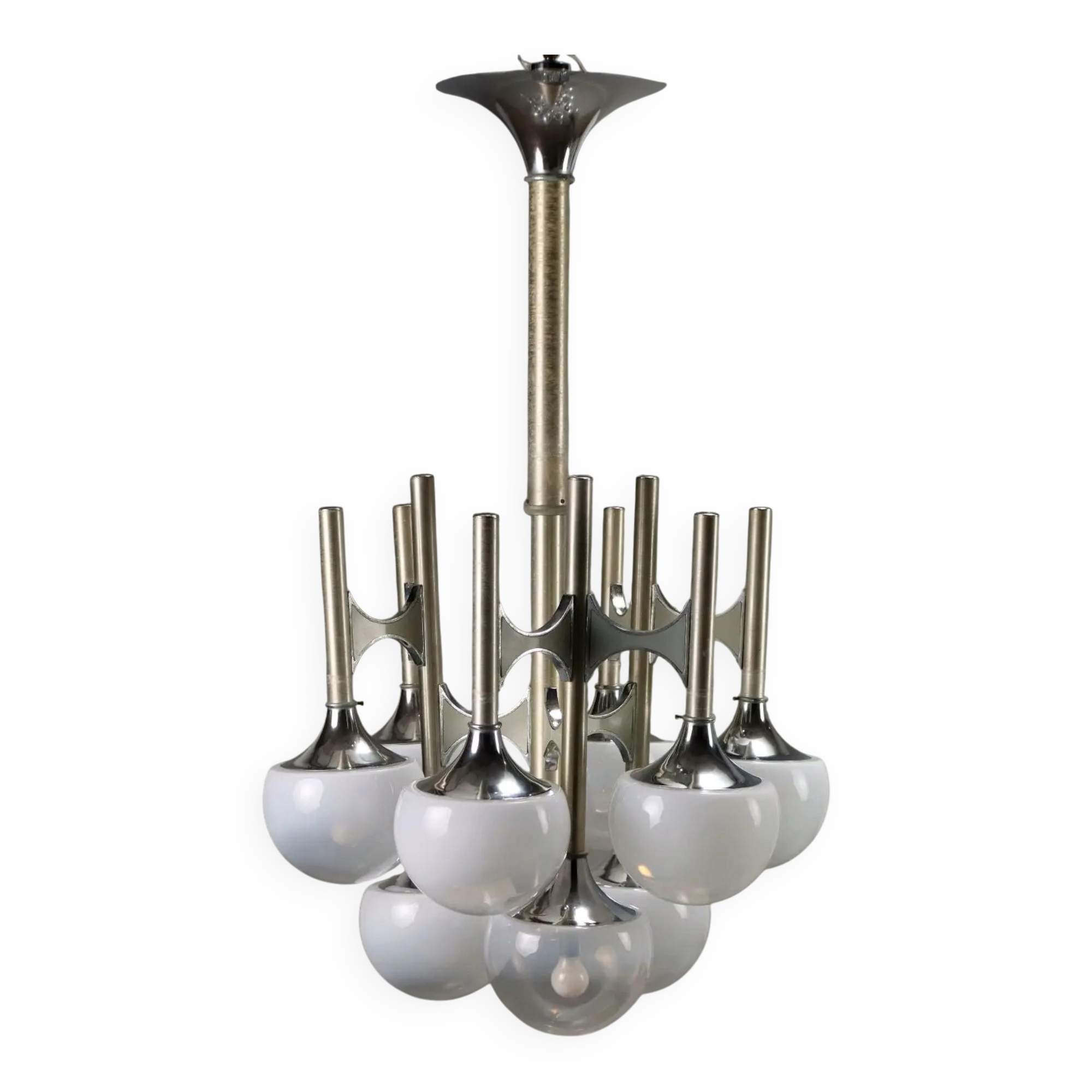 Vintage lacquered steel chandelier with glass spheres, Italy, 1960s-1970s.