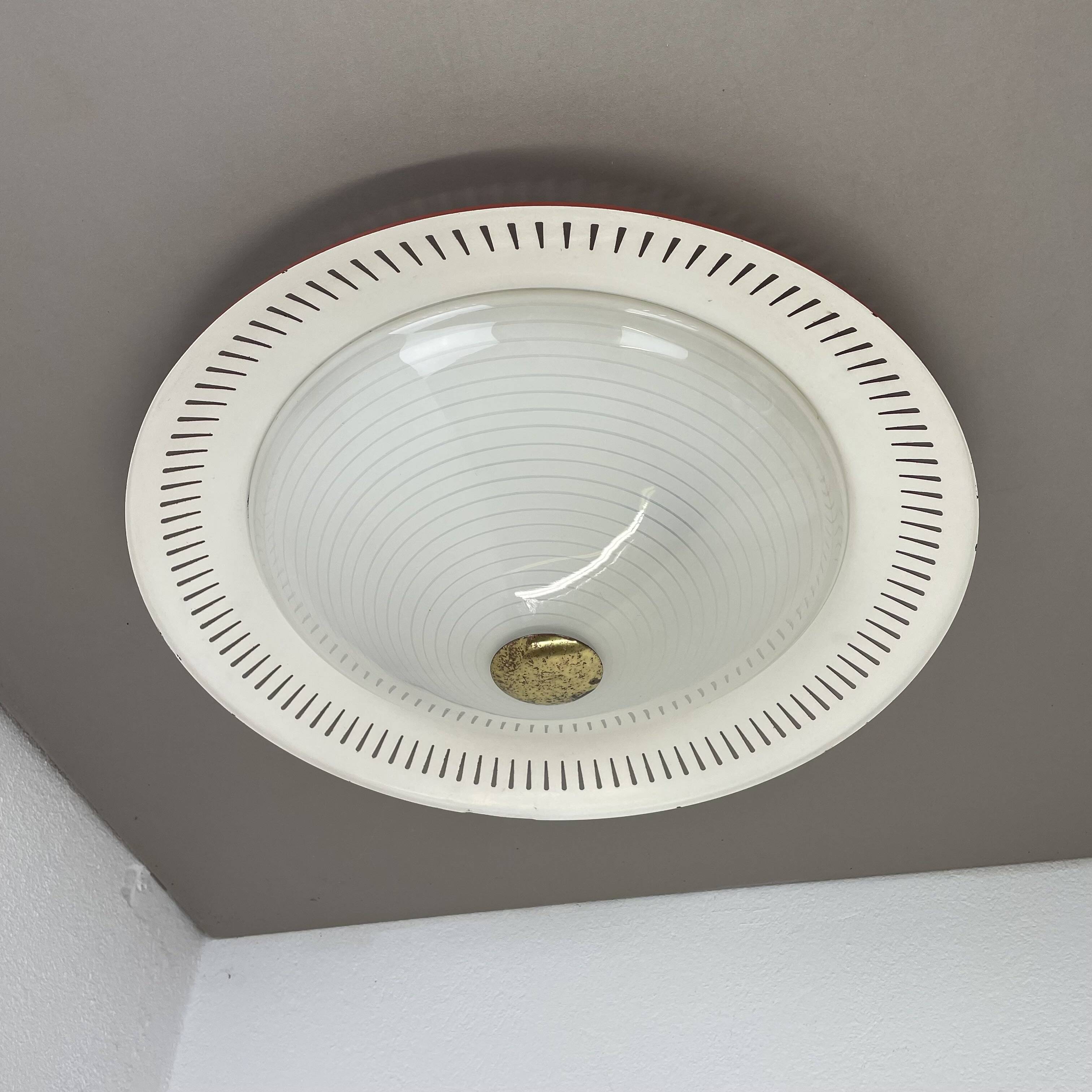 Modernist Stilnovo Style Metal glass Ceiling Flushmount Light, Italy 1950s