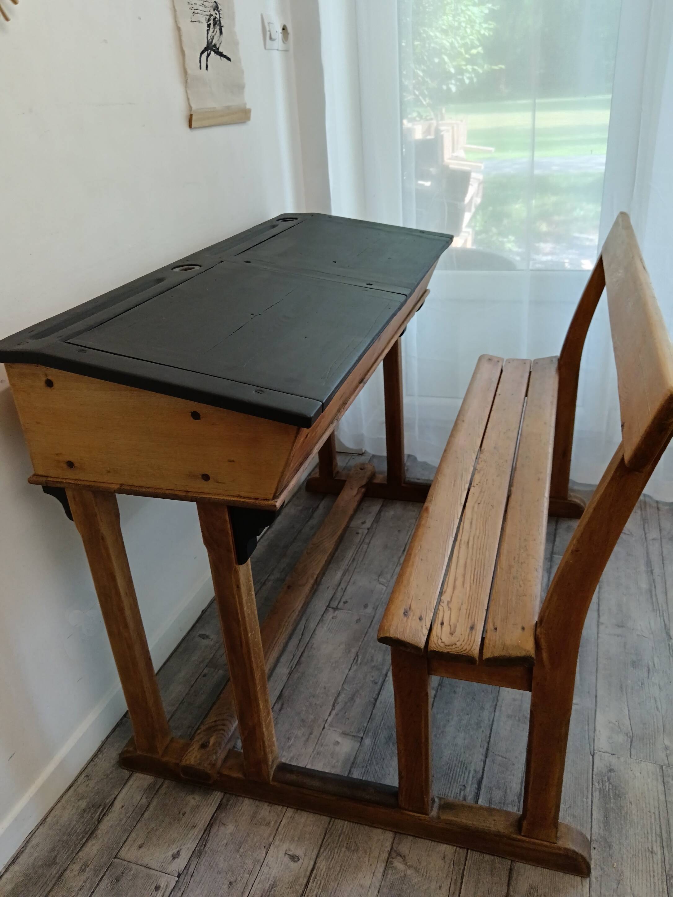 Double school desk in wood and black