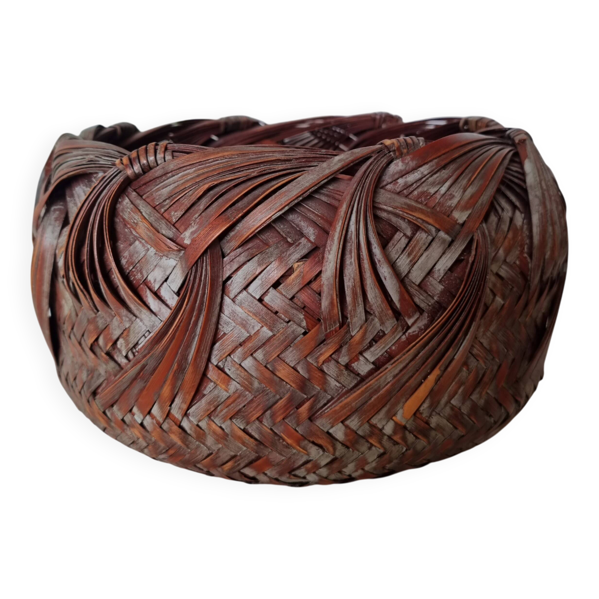 Vintage Japanese Ikebana basket made of smoked bamboo in natural