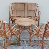Set bench table and two armchairs in rattan 1950 vintage