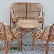 Set bench table and two armchairs in rattan 1950 vintage