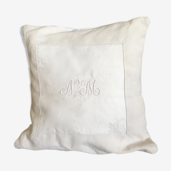 Coussin en linge ancien monogramme blanc 35 x 35cm