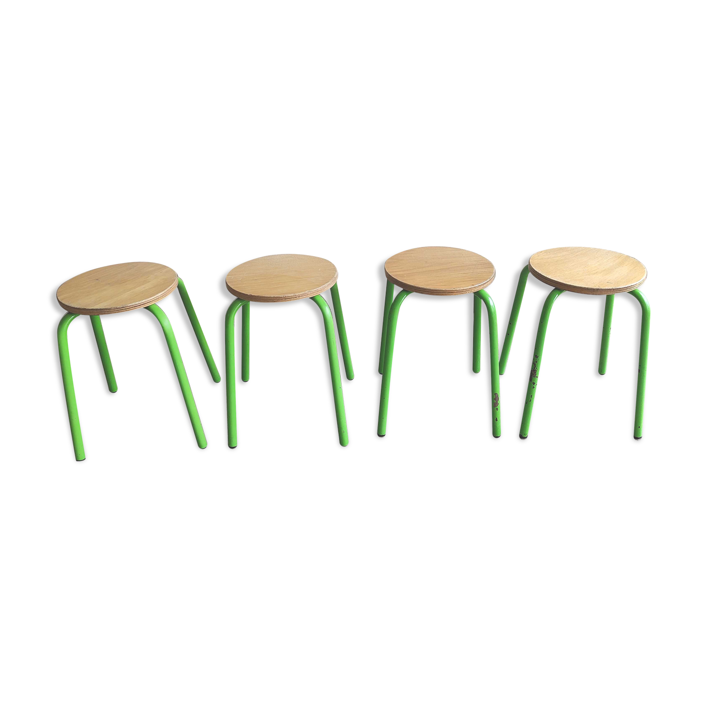 Set of 4 vintage green metal and wood stools
