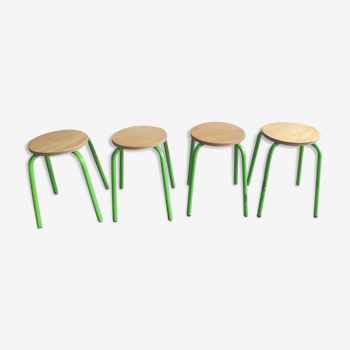 Set of 4 vintage green metal and wood stools