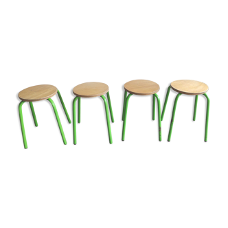 Set of 4 vintage green metal and wood stools