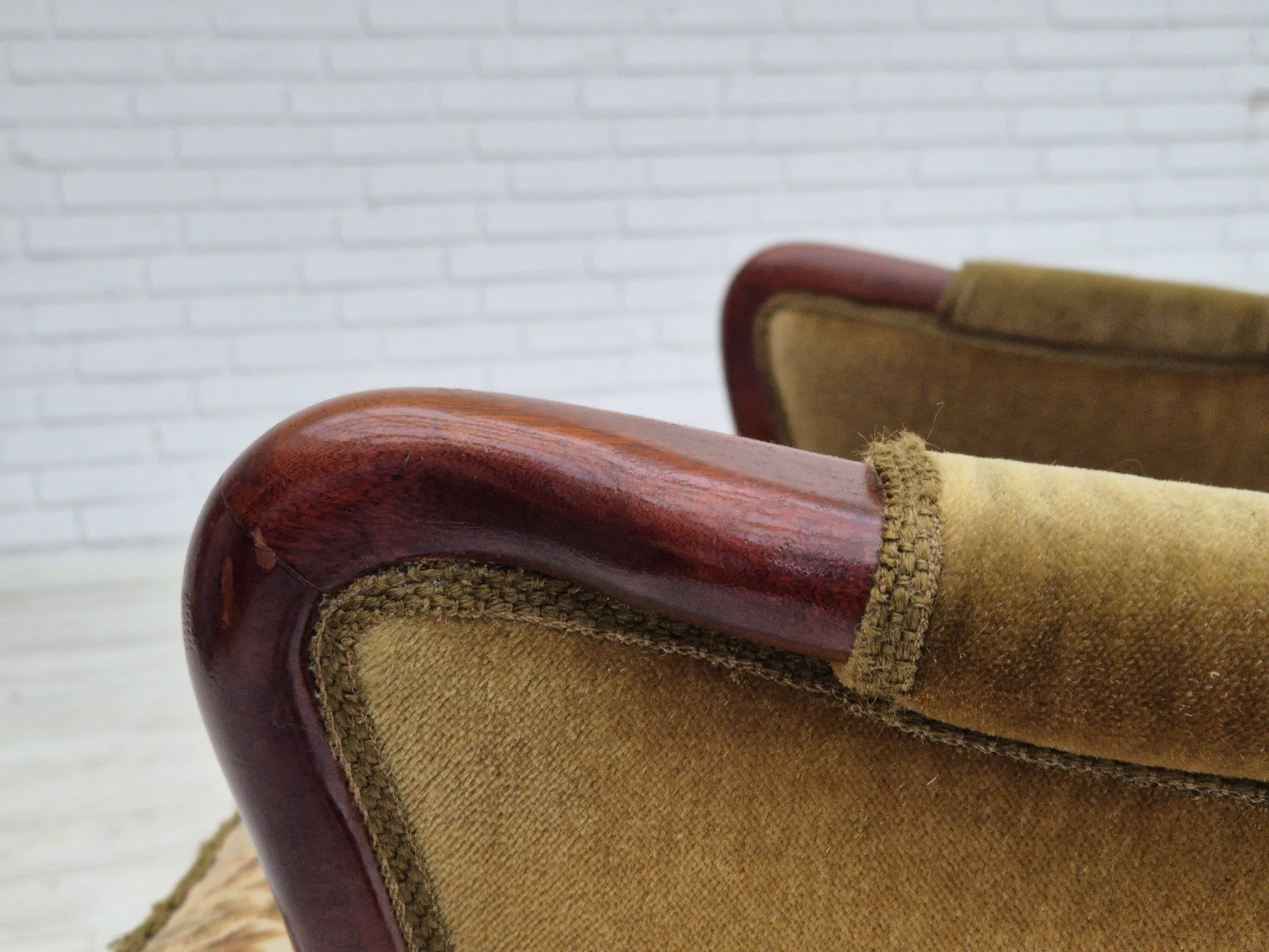 1950s, Danish highback armchair, original upholstery, green velour.