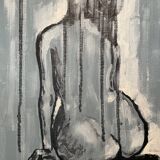 Tableau signé huile encre de chine sur toile portrait femme de dos