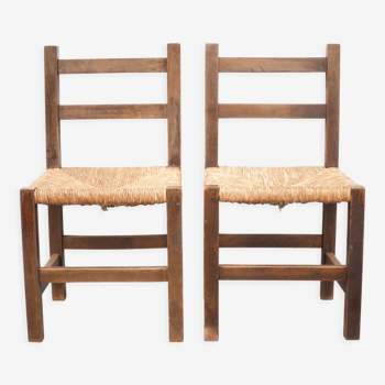 Pair of wooden and straw chairs