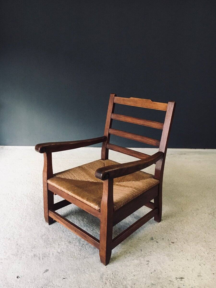 Rustic Oak & Rush Armchair, France, 1930s