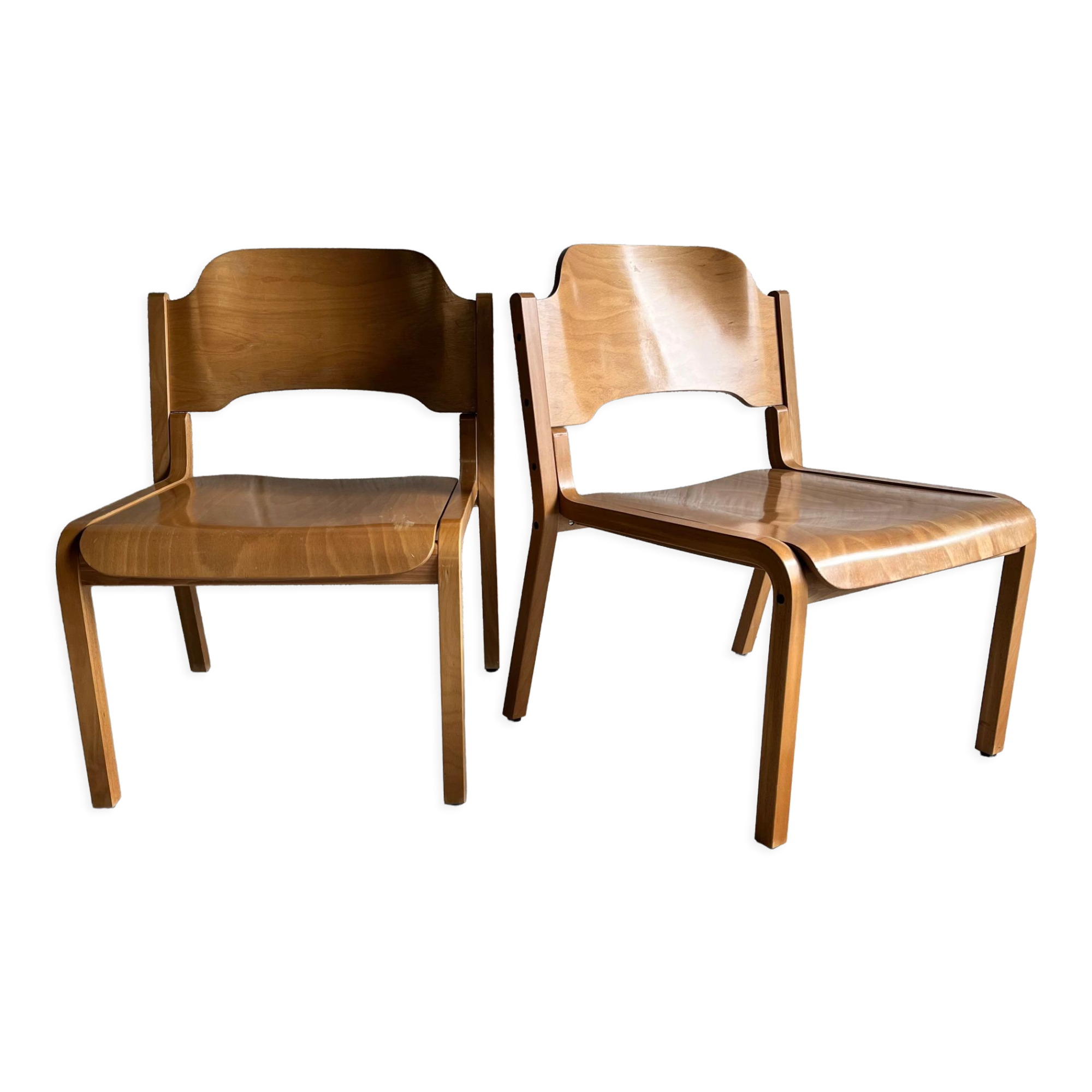 Pair of armchairs blond wood molded 80s