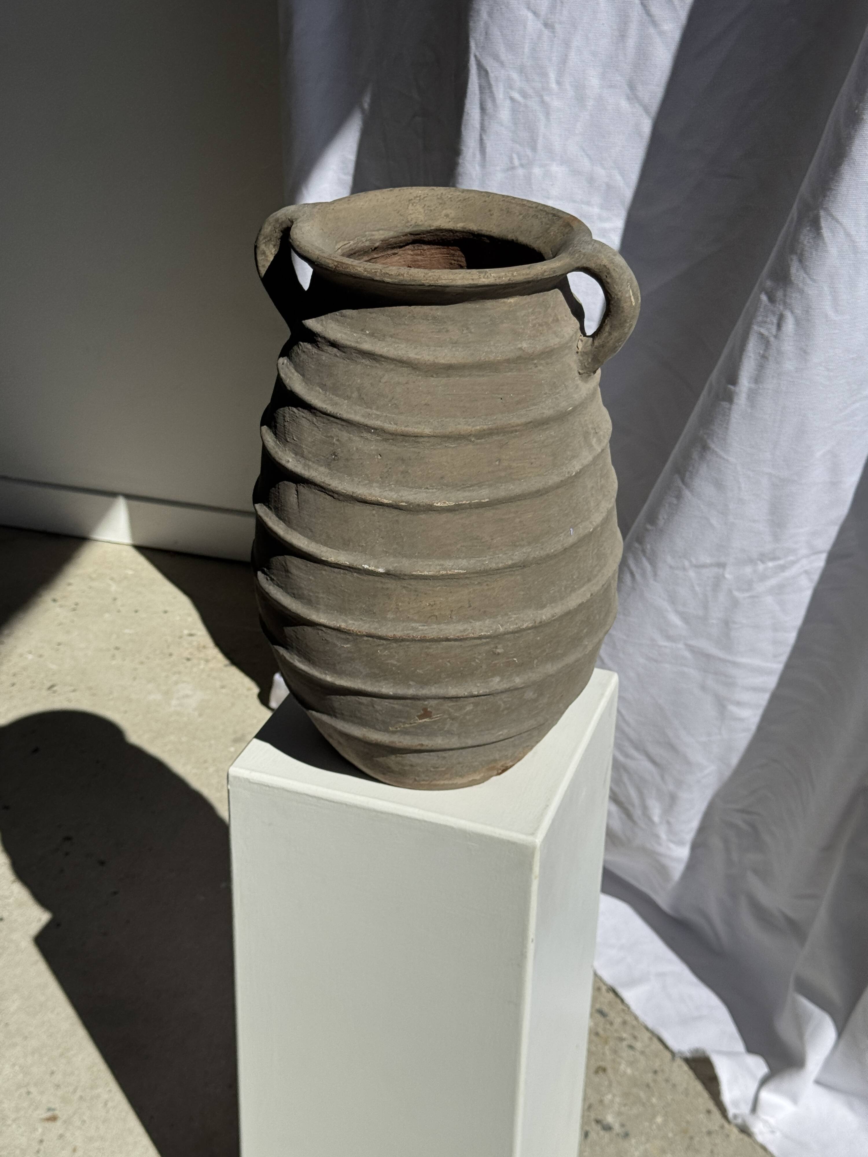 Large oval vase with double handles, featuring raised grey-beige stripes, H42 D28.