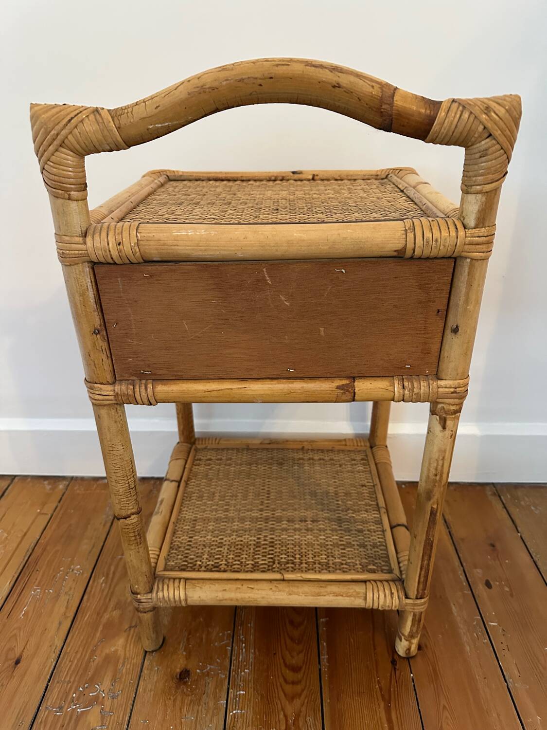 Antique rattan bedside table with vintage drawer