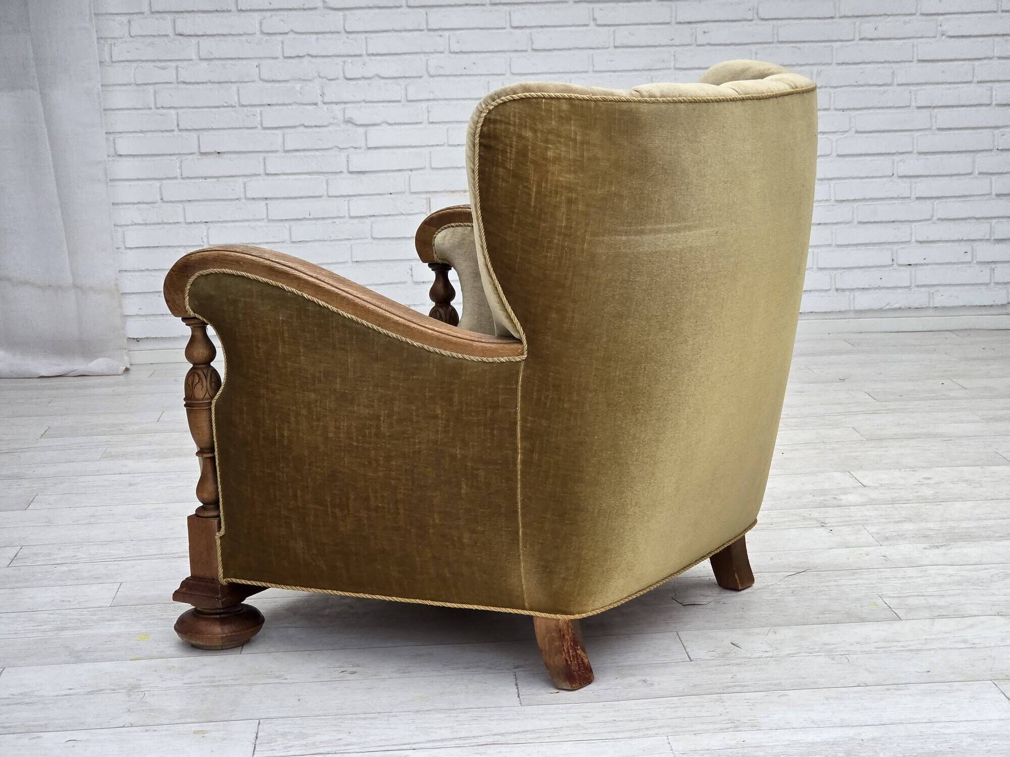 1960s, Danish armchair, green furniture velour, solid carved oak wood.