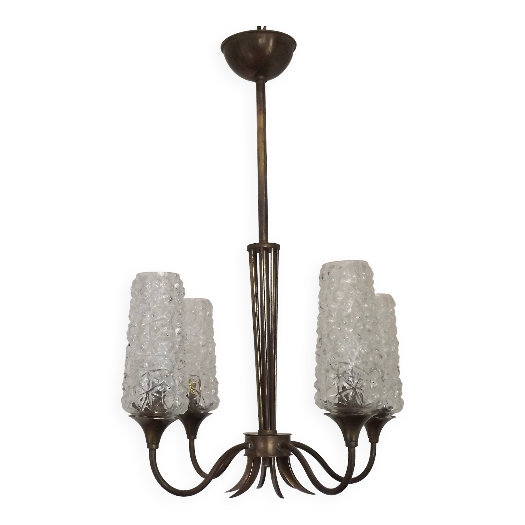 French vintage retro chandelier with 4 lights in brass and bronze with cut glass shades.