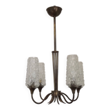 French vintage retro chandelier with 4 lights in brass and bronze with cut glass shades.