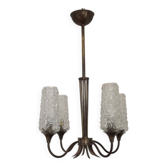 French vintage retro chandelier with 4 lights in brass and bronze with cut glass shades.