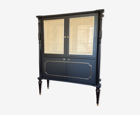 Vitrine de style anglais noir mat et cannage