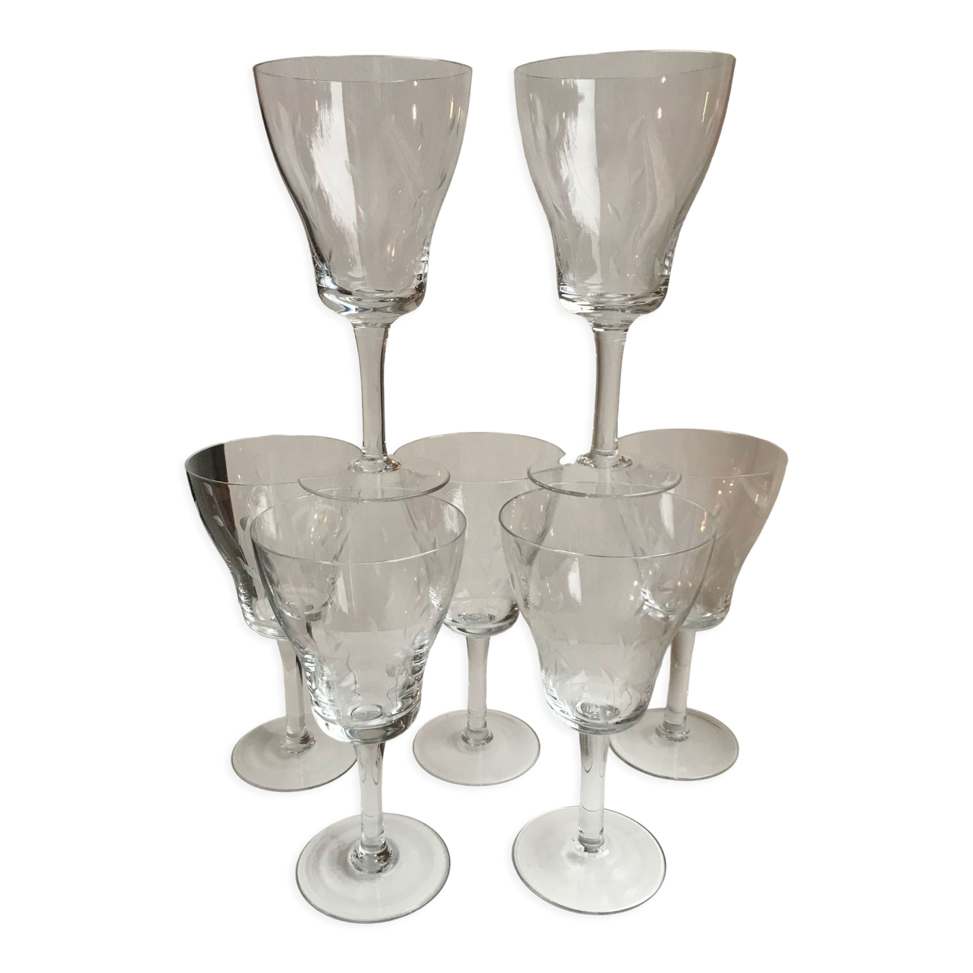 Set of 7 wine glasses, crystal water engraved 50-60s