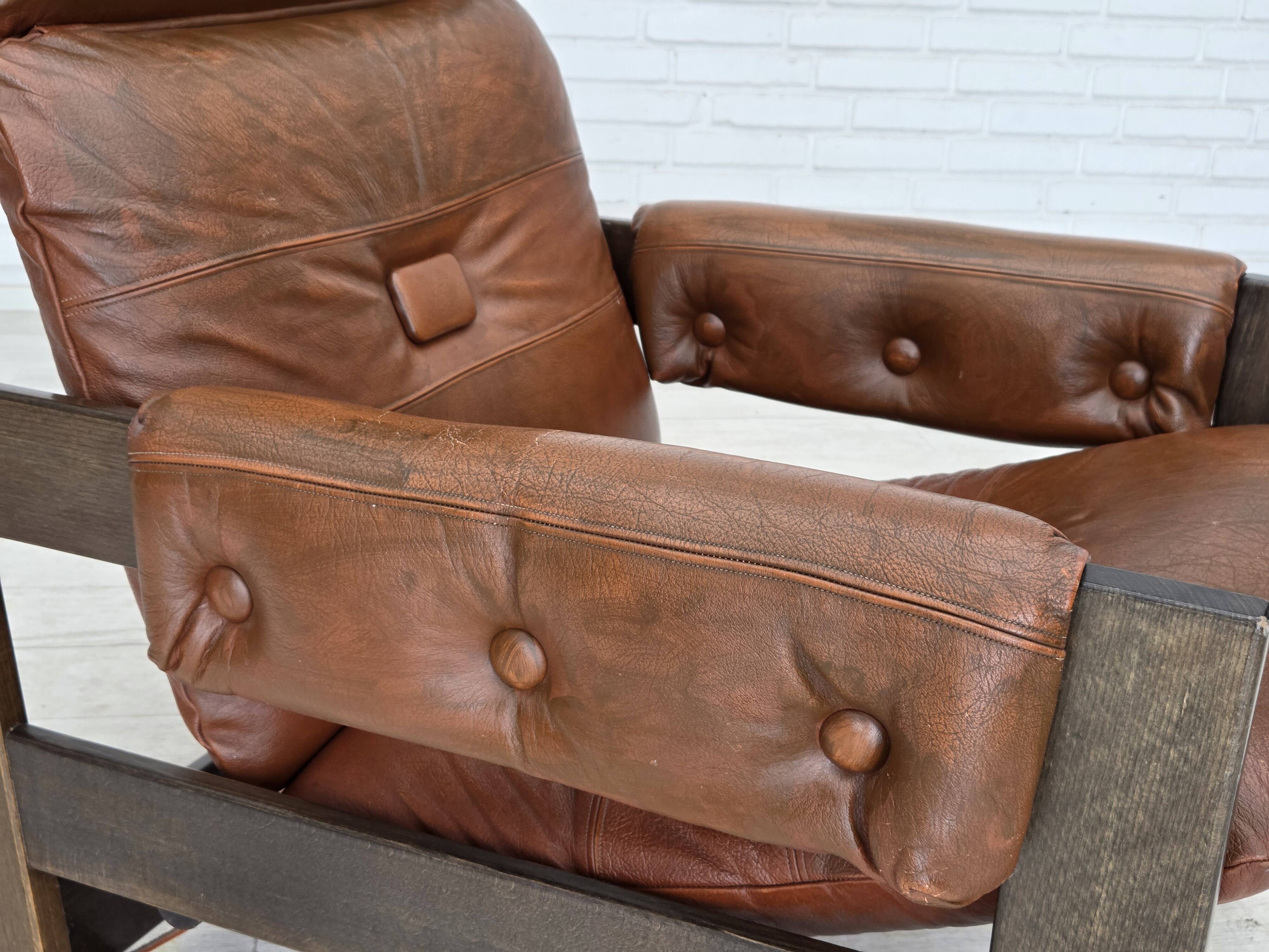 1970s, Scandinavian armchair, furniture leather, canvas, oak wood.